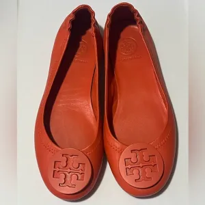 Tory Burch Women's Minnie Leather Travel Ballet Flats, Mango Sz 4.5M