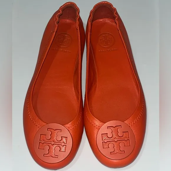 Tory Burch Women's Minnie Leather Travel Ballet Flats, Mango Sz 4.5M