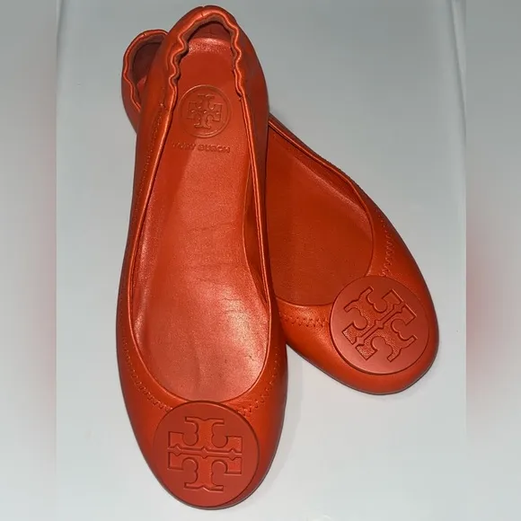 Tory Burch Women's Minnie Leather Travel Ballet Flats, Mango Sz 4.5M