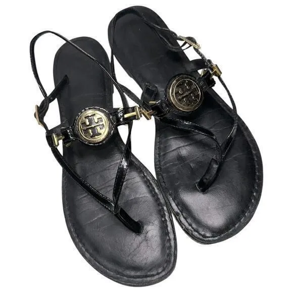 Tory Burch Women’s Size 7 Black Patent Leather Gold Logo Ali Thong Sandals