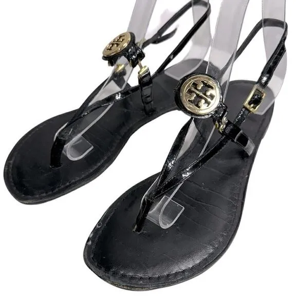 Tory Burch Women’s Size 7 Black Patent Leather Gold Logo Ali Thong Sandals