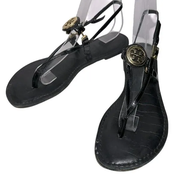 Tory Burch Women’s Size 7 Black Patent Leather Gold Logo Ali Thong Sandals