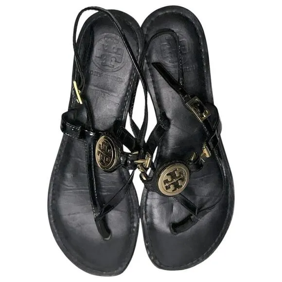 Tory Burch Women’s Size 7 Black Patent Leather Gold Logo Ali Thong Sandals