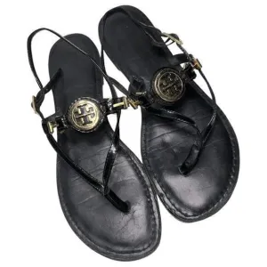 Tory Burch Women’s Size 7 Black Patent Leather Gold Logo Ali Thong Sandals