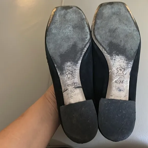 Tory Burch Womens Square Toe Black Suede Patent Logo Ballet Flats Shoes Sz 6 1/2