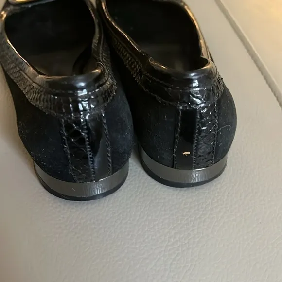 Tory Burch Womens Square Toe Black Suede Patent Logo Ballet Flats Shoes Sz 6 1/2