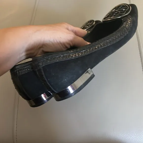 Tory Burch Womens Square Toe Black Suede Patent Logo Ballet Flats Shoes Sz 6 1/2