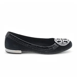 Tory Burch Womens Square Toe Black Suede Patent Logo Ballet Flats Shoes Sz 6 1/2
