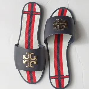 🩷💚⚜️Tory Burch⚜️🩷💚Eleanor Jellie Slides Navy Red Double T Logo Sandals Sz 6