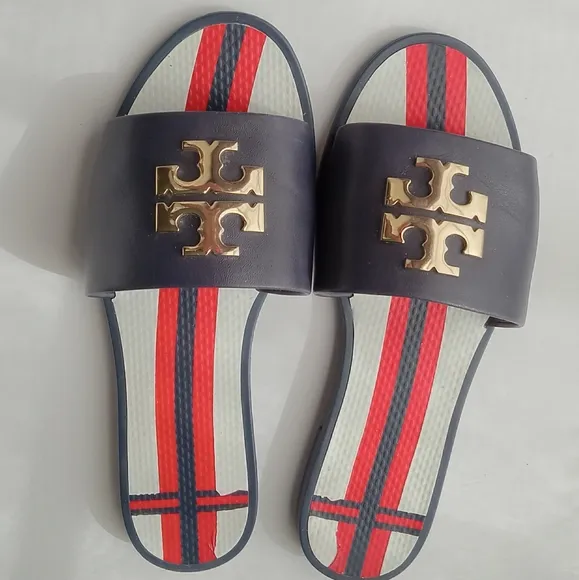 🩷💚⚜️Tory Burch⚜️🩷💚Eleanor Jellie Slides Navy Red Double T Logo Sandals Sz 6