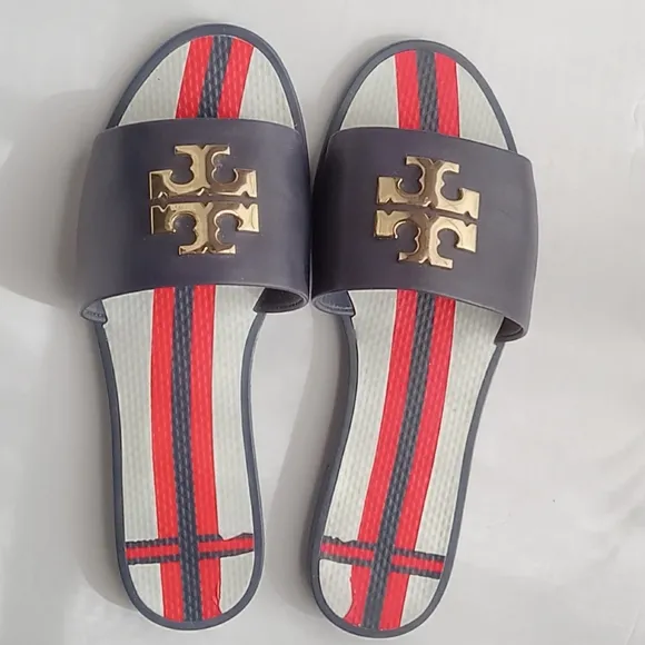 🩷💚⚜️Tory Burch⚜️🩷💚Eleanor Jellie Slides Navy Red Double T Logo Sandals Sz 6
