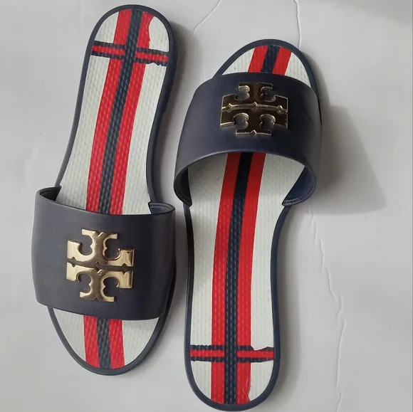 🩷💚⚜️Tory Burch⚜️🩷💚Eleanor Jellie Slides Navy Red Double T Logo Sandals Sz 6
