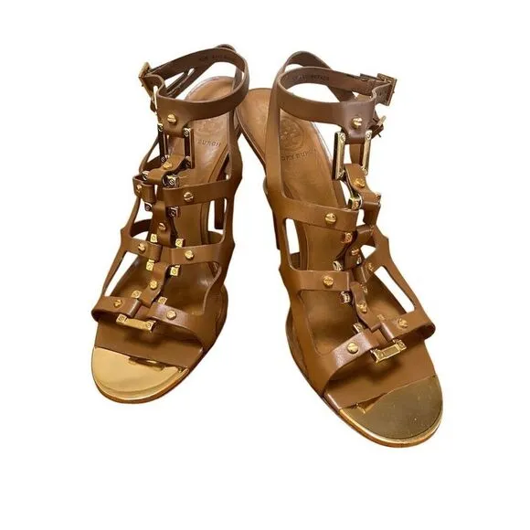 Tory Burch Francesca Camel Leather &amp; Gold Strappy Ankle Stiletto High Heels 10