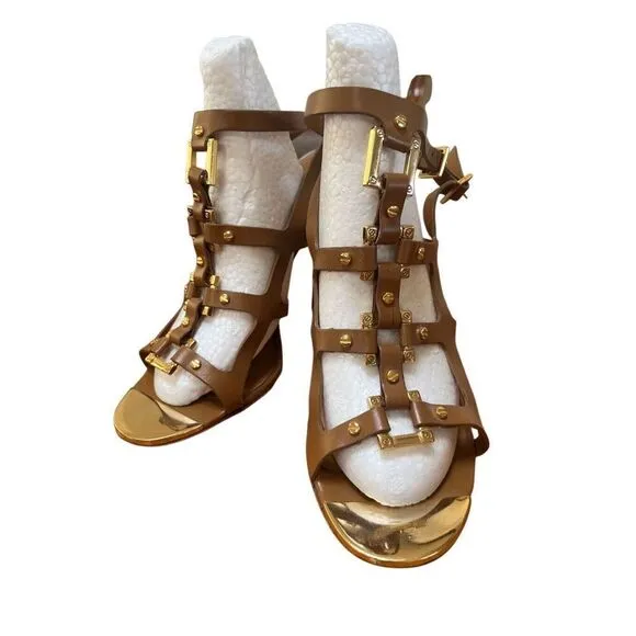 Tory Burch Francesca Camel Leather &amp; Gold Strappy Ankle Stiletto High Heels 10