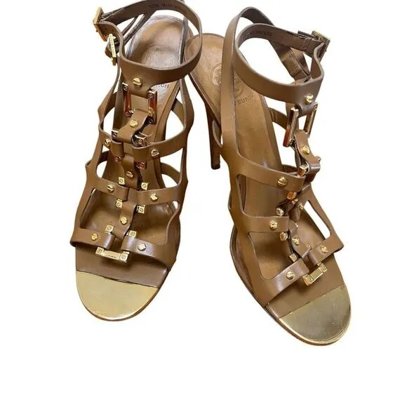 Tory Burch Francesca Camel Leather &amp; Gold Strappy Ankle Stiletto High Heels 10