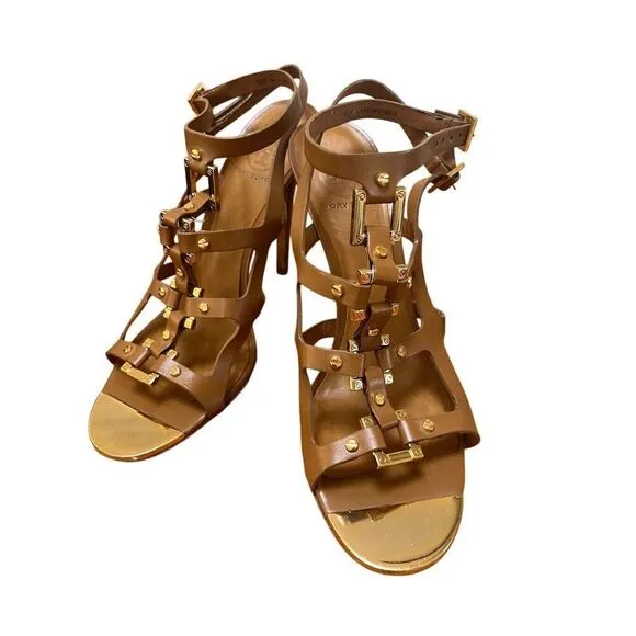 Tory Burch Francesca Camel Leather &amp; Gold Strappy Ankle Stiletto High Heels 10
