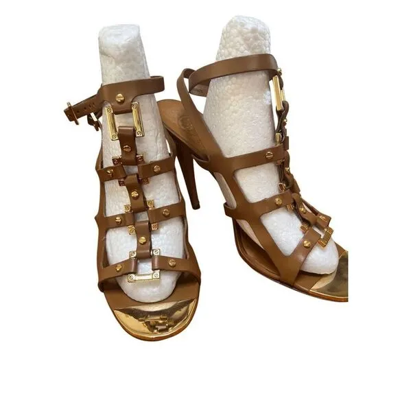 Tory Burch Francesca Camel Leather &amp; Gold Strappy Ankle Stiletto High Heels 10