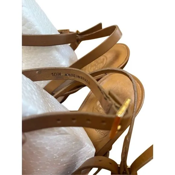 Tory Burch Francesca Camel Leather &amp; Gold Strappy Ankle Stiletto High Heels 10