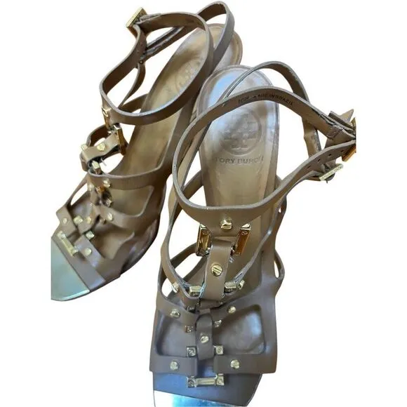 Tory Burch Francesca Camel Leather &amp; Gold Strappy Ankle Stiletto High Heels 10
