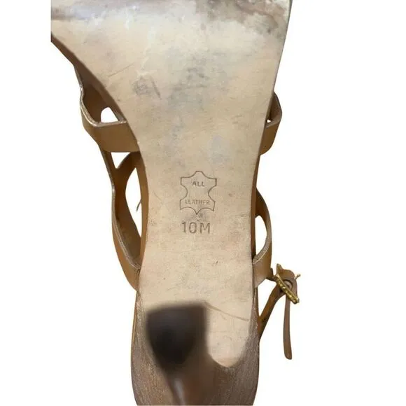 Tory Burch Francesca Camel Leather &amp; Gold Strappy Ankle Stiletto High Heels 10