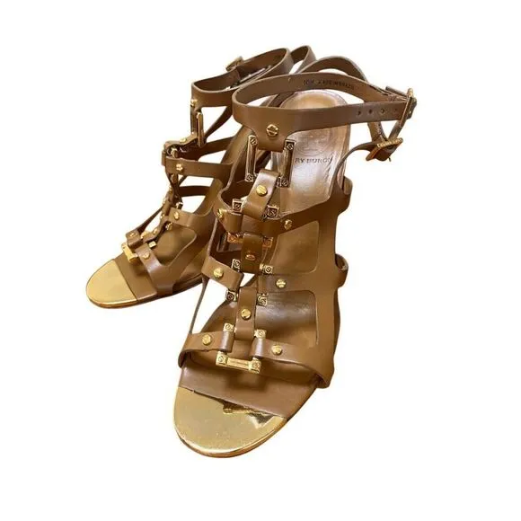 Tory Burch Francesca Camel Leather &amp; Gold Strappy Ankle Stiletto High Heels 10