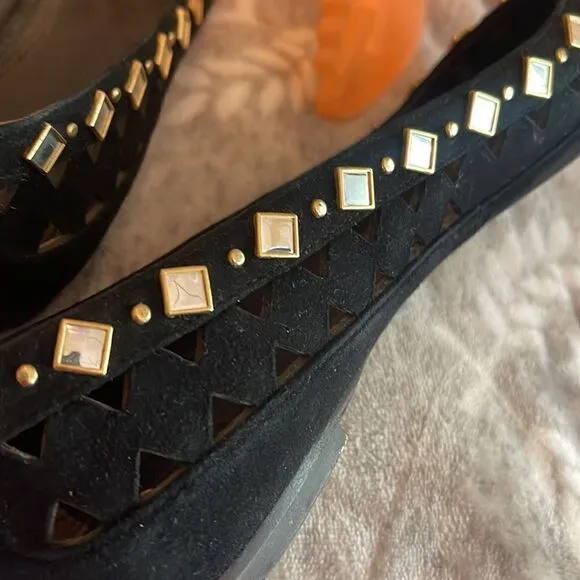 Tory burch kingsbridge ballet-lancaster suede sz 8m black suede gold silver boho