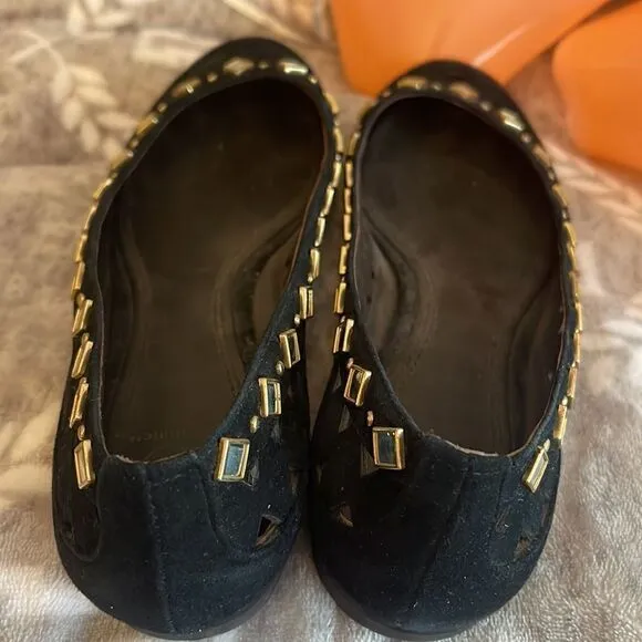 Tory burch kingsbridge ballet-lancaster suede sz 8m black suede gold silver boho