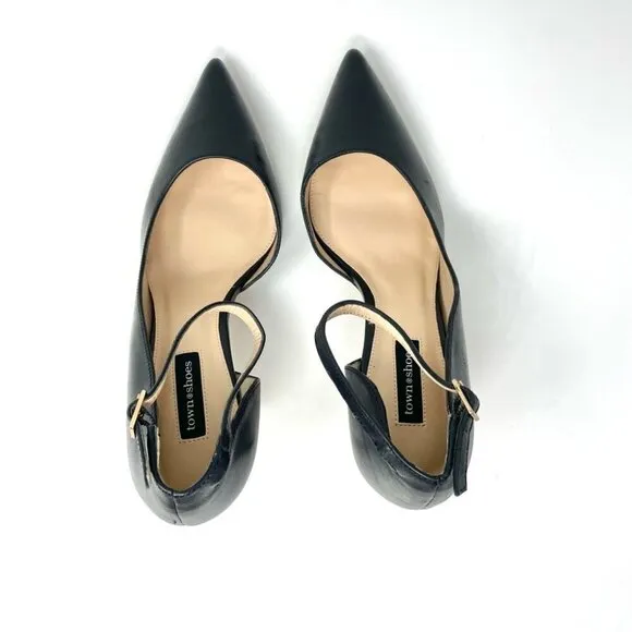 Town Shoes d'Orsay Black Leather Stiletto Heels Size 39