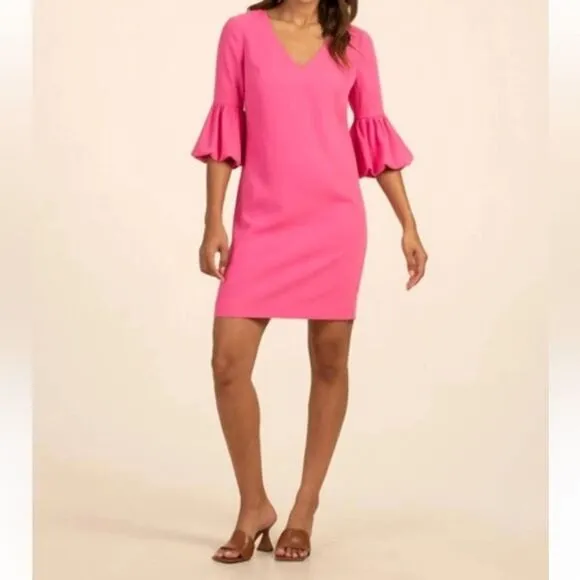 Trina Turk Surprising Bell-sleeve Crepe Shift Dress in Venus Pink. Sz 8