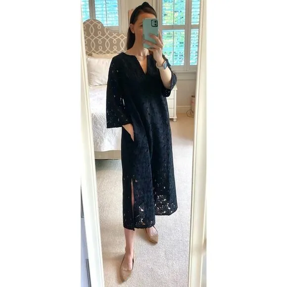 Tuckernuck Black V-Neck Floral Lace Eyelet Jamie Midi Caftan Shift Dress Small