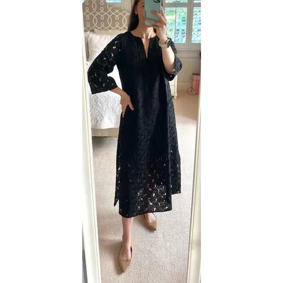 Tuckernuck Black V-Neck Floral Lace Eyelet Jamie Midi Caftan Shift Dress Small