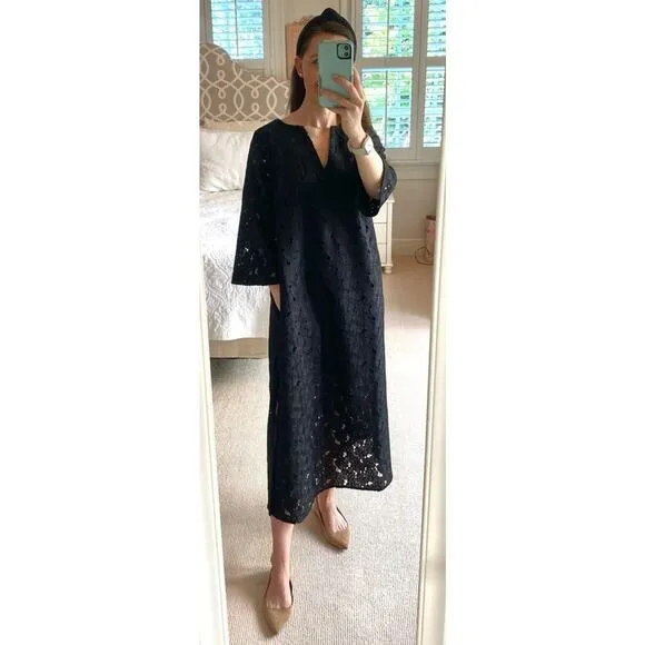 Tuckernuck Black V-Neck Floral Lace Eyelet Jamie Midi Caftan Shift Dress Small