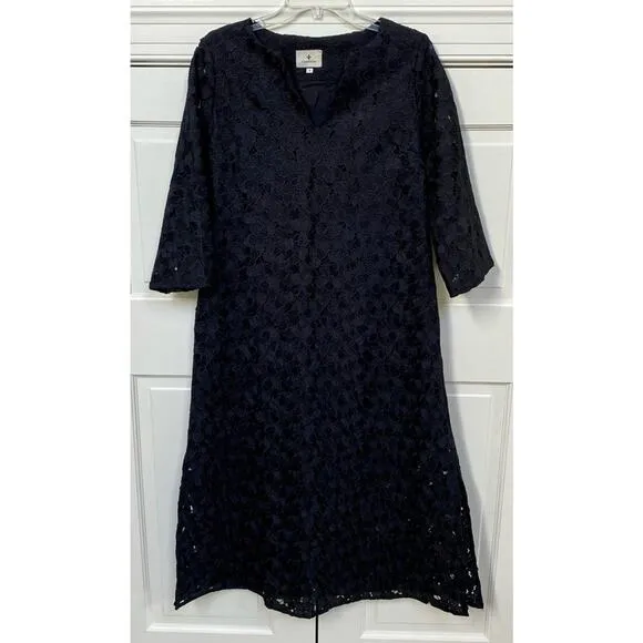 Tuckernuck Black V-Neck Floral Lace Eyelet Jamie Midi Caftan Shift Dress Small