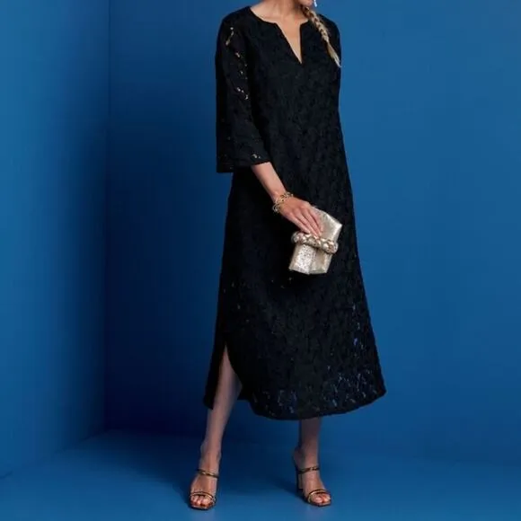 Tuckernuck Black V-Neck Floral Lace Eyelet Jamie Midi Caftan Shift Dress Small
