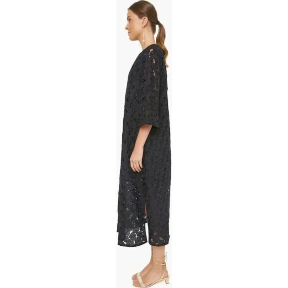Tuckernuck Black V-Neck Floral Lace Eyelet Jamie Midi Caftan Shift Dress Small