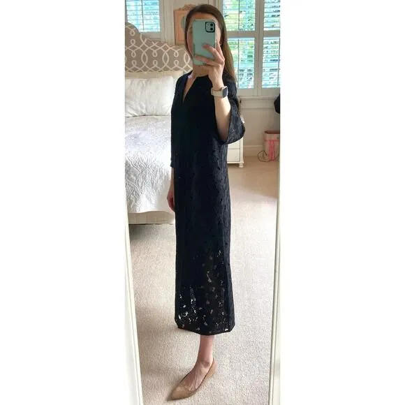 Tuckernuck Black V-Neck Floral Lace Eyelet Jamie Midi Caftan Shift Dress Small