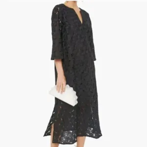 Tuckernuck Jamie Dress Midi Kaftan Shift V-Neck Floral Lace Eyelet Black New XS