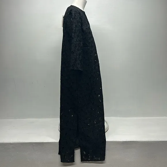 Tuckernuck Jamie Dress Midi Kaftan Shift V-Neck Floral Lace Eyelet Black New XS