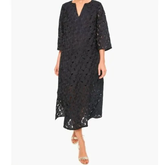 Tuckernuck Jamie Dress Midi Kaftan Shift V-Neck Floral Lace Eyelet Black New XS