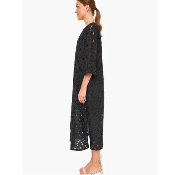 Tuckernuck Jamie Dress Midi Kaftan Shift V-Neck Floral Lace Eyelet Black New XS