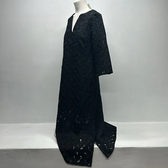 Tuckernuck Jamie Dress Midi Kaftan Shift V-Neck Floral Lace Eyelet Black New XS
