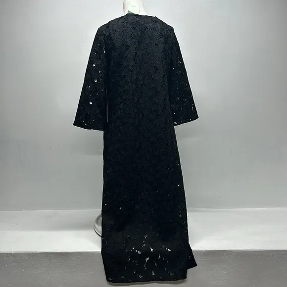 Tuckernuck Jamie Dress Midi Kaftan Shift V-Neck Floral Lace Eyelet Black New XS