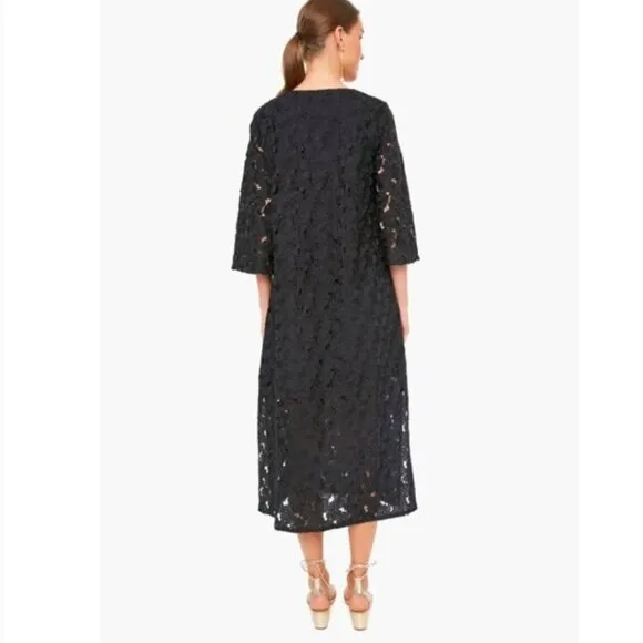 Tuckernuck Jamie Dress Midi Kaftan Shift V-Neck Floral Lace Eyelet Black New XS