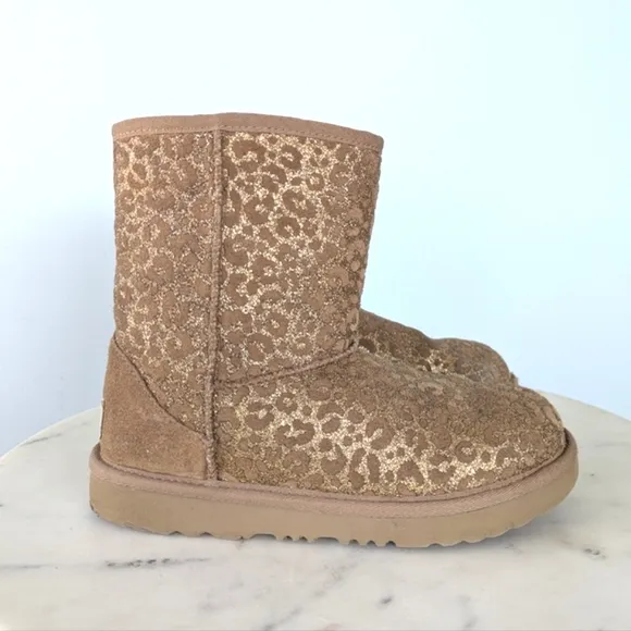 UGG Girls Classic Gold Glitter Leopard Print Boots