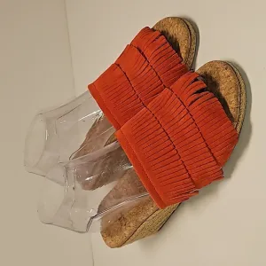 UGG Kendra Wedge Sandals Slides Espadrilles  Suede Leather Fringe Cork Orange 7
