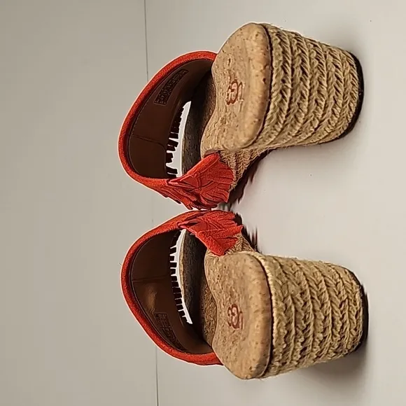 UGG Kendra Wedge Sandals Slides Espadrilles  Suede Leather Fringe Cork Orange 7