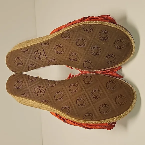 UGG Kendra Wedge Sandals Slides Espadrilles  Suede Leather Fringe Cork Orange 7