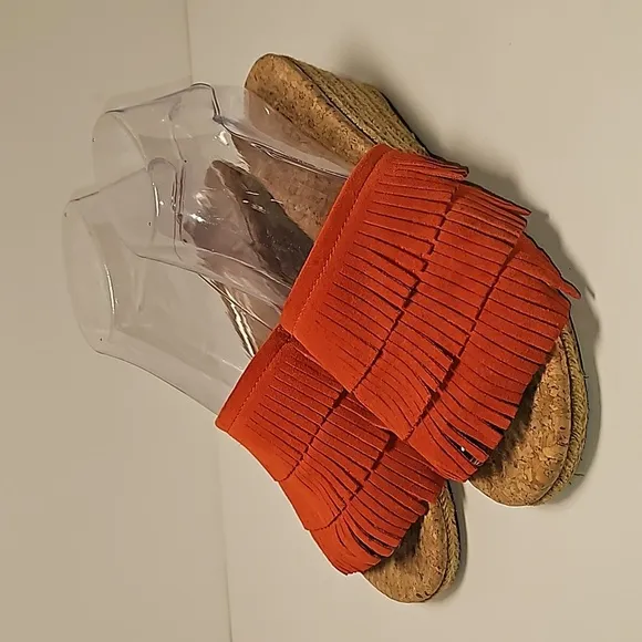 UGG Kendra Wedge Sandals Slides Espadrilles  Suede Leather Fringe Cork Orange 7