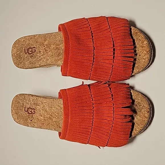 UGG Kendra Wedge Sandals Slides Espadrilles  Suede Leather Fringe Cork Orange 7