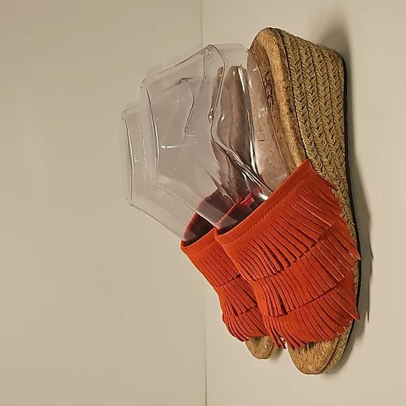 UGG Kendra Wedge Sandals Slides Espadrilles  Suede Leather Fringe Cork Orange 7